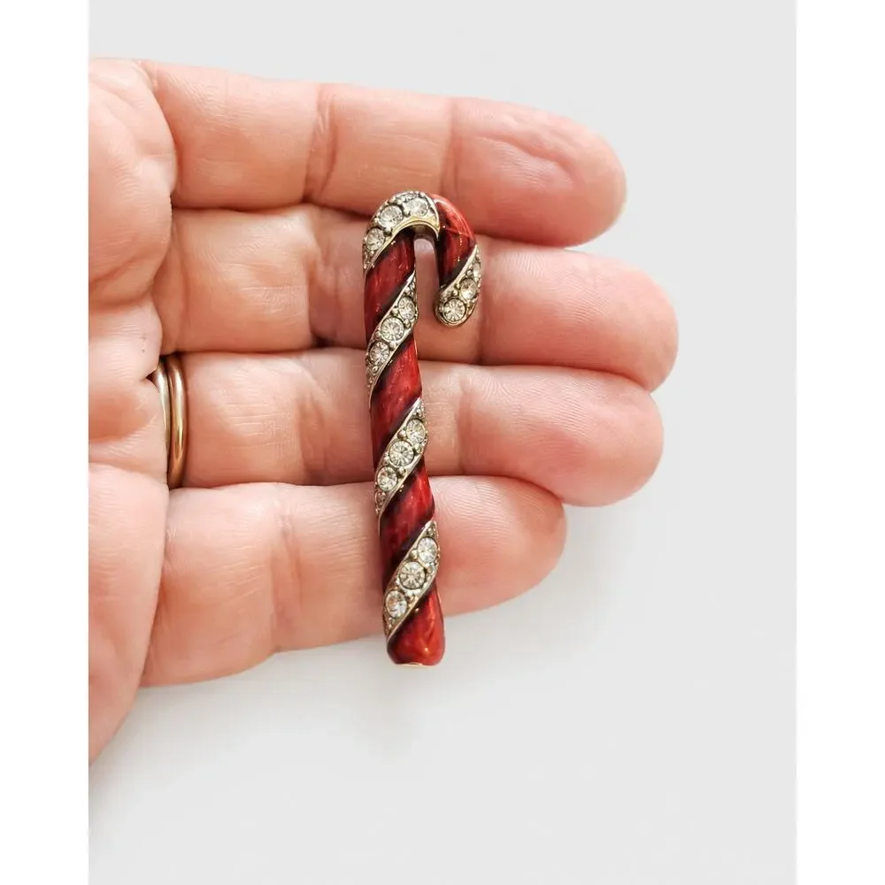 Vintage Red Candy Cane Pin‎ Brooch Enamel Rhinestone Christmas Holiday 2